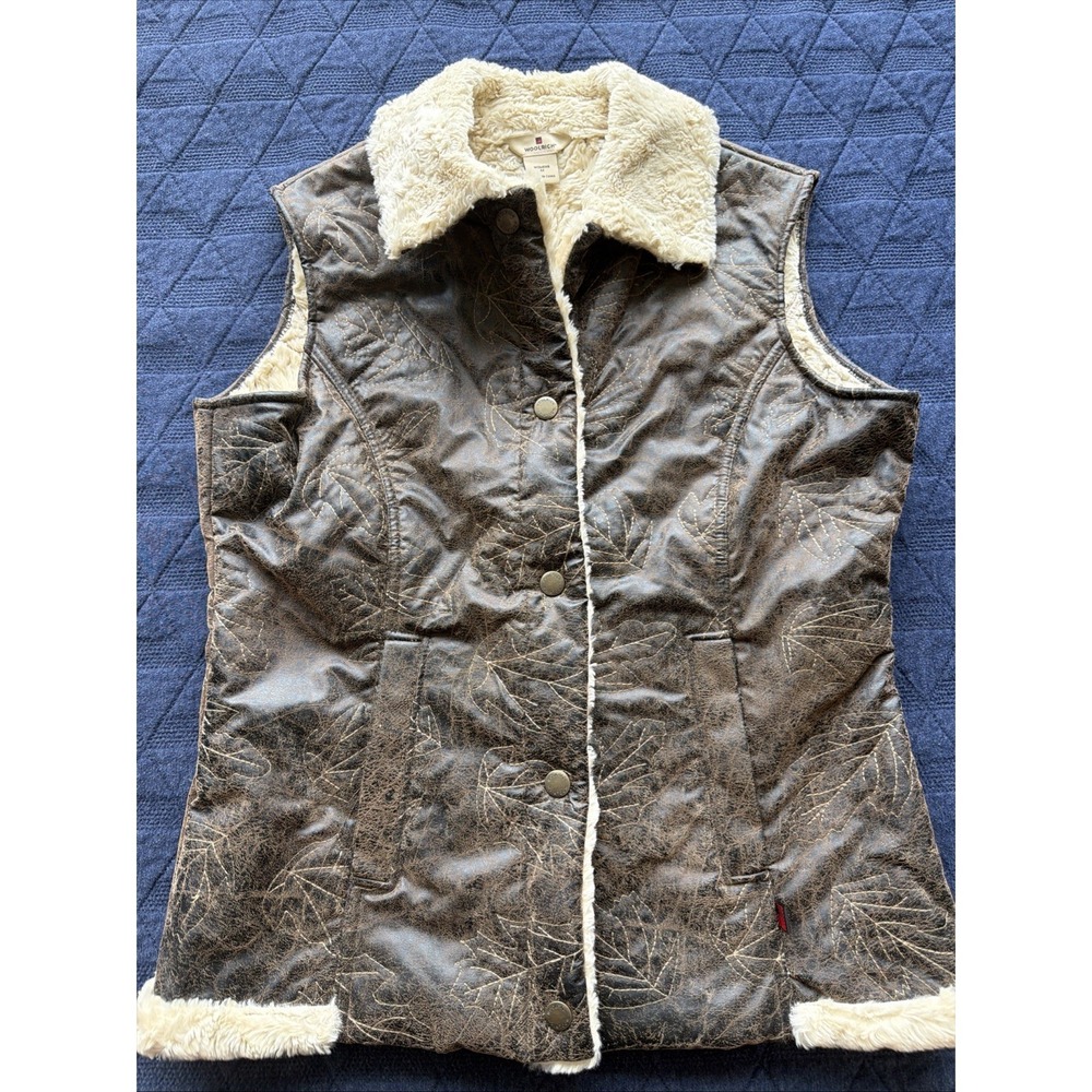 WOOLRICH Sherpa Faux Fur Lined Faux Brown Embroidered Leather Vest Size Medium